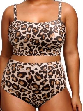 Women Plus Size High Waisted Bikini Bandeau Two Piece Swimsuit Leopard 20 Plus